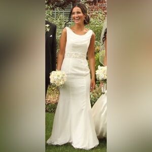 DA VINCI IVORY CHIFFON COWL NECK MERMAID BRIDESMAIDS GOWN WITH BEADED SATIN BELT